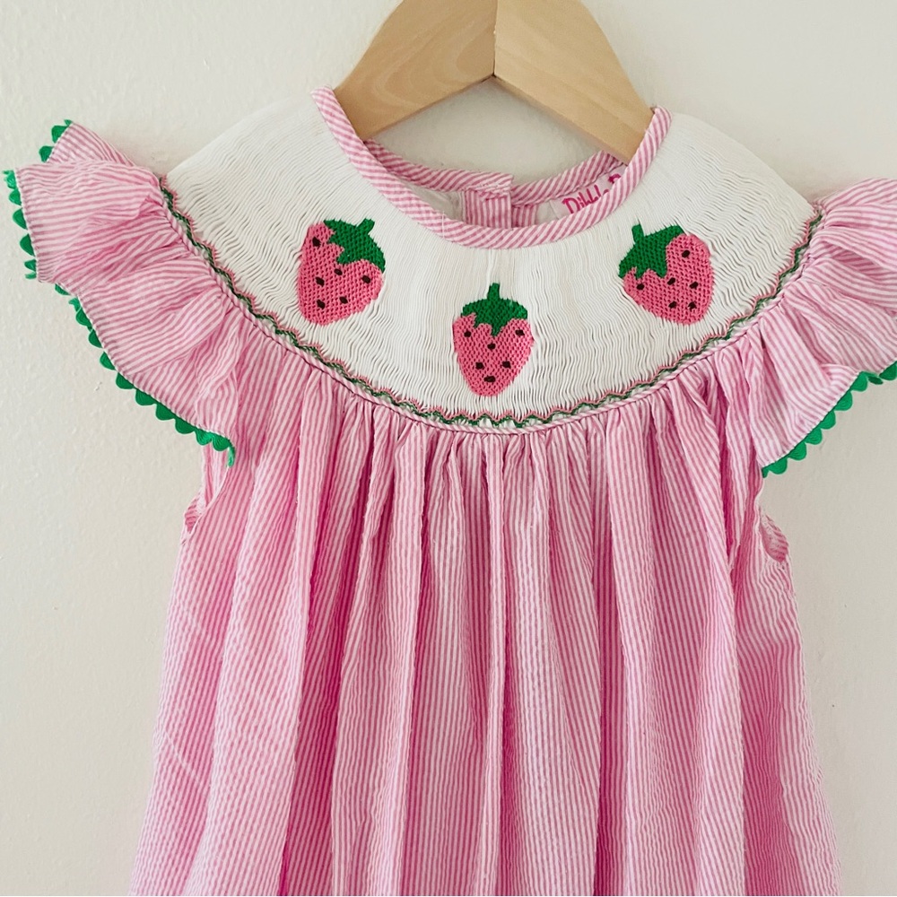 Dibble Dabble Smocked Pink & White Strawberry Bishop Dress